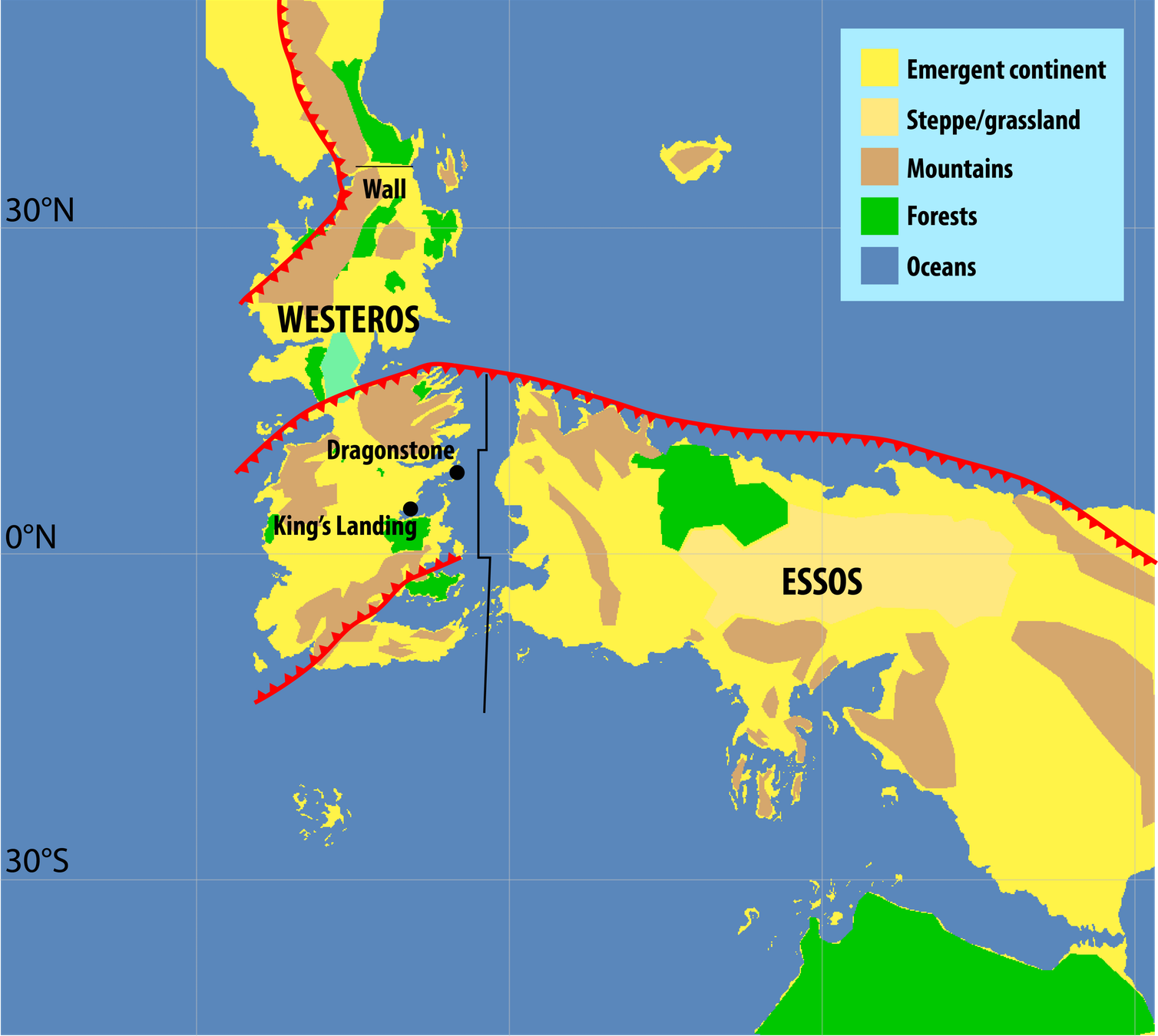 The geology and tectonics of Westeros and Essos at present-day. Red sawtooth lines represent ‘subduction zones’ where tectonic plates are converging, leading to mountain building and volcanism (like the Andes). Author modified, digital GIS files from cadei at www.cartographersguild.com