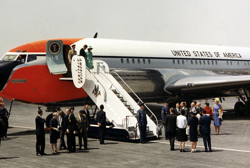 Arrival in Mexico City. President and Mrs. Kennedy debark Air Force One. Mexico City, Mexico, International Airport.