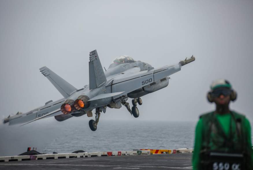 An EA-18G Growler attached to the "Patriots" of Electronic Attack Squadron (VAQ) 140 launches off the flight deck of the aircraft carrier USS Abraham Lincoln (CVN 72), in the Gulf, in this picture taken and released by U.S. Navy on August 29, 2019.