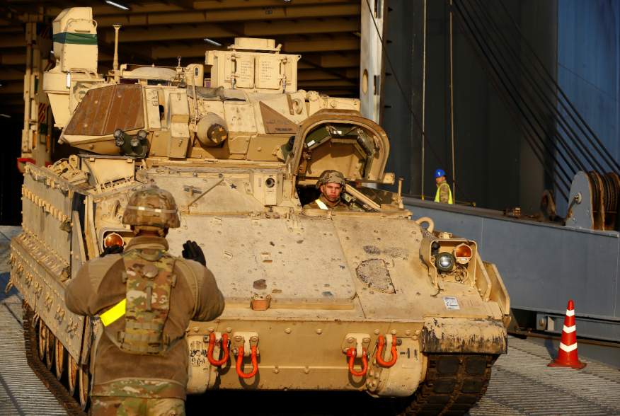 U.S. Army Bradley Cavalry Fighting Vehicle leaves ship during operation Atlantic Resolve rotation in Riga port, Latvia October 16, 2019. REUTERS/Ints Kalnins