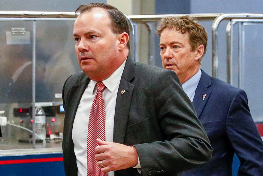 U.S. Senators' Mike Lee (R-UT) and Rand Paul (R-KY) depart via the Senate Subway following a classified national security briefing of the U.S. Senate on developments with Iran after attacks by Iran on U.S. forces in Iraq, at the U.S. Capitol in Washington