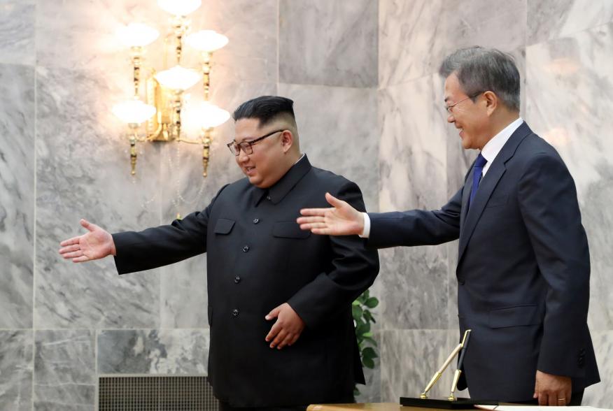 South Korean President Moon Jae-in and North Korean leader Kim Jong Un attend their summit at the truce village of Panmunjom, North Korea, in this handout picture provided by the Presidential Blue House on May 26, 2018. Picture taken on May 26, 2018. The 