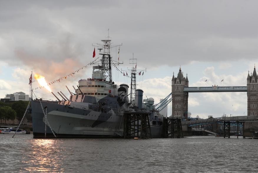 A British battleship that survived World War Two, the HMS Belfast, recreates the moment the first guns were fired in Normandy on June 6, 1944, marking the 75th anniversary of D-Day, in London, Britain June 6, 2019. REUTERS/Simon Dawson