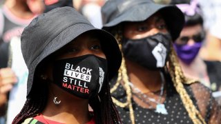 Demonstrators take part in a Black Lives Matter protest outside Tottenham police station in London, Britain August 8, 2020. REUTERS/Simon Dawson