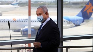 Israeli Prime Minister Benjamin Netanyahu prepares to give a statement at Ben Gurion International Airport, in Lod, near Tel Aviv, Israel August 17, 2020. Emil Salman/Pool via REUTERS