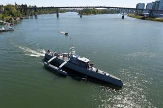 PORTLAND, Ore. (Apr. 7, 2016) Sea Hunter, an entirely new class of unmanned ocean-going vessel gets underway on the Williammette River following a christening ceremony in Portland, Ore.