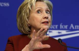 Former U.S. Secretary of State Hillary Clinton takes part in a Center for American Progress roundtable discussion on 