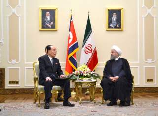 Kim Yong Nam, president of the DPRK Presidium of the Supreme People's Assembly reacts during a meeting with Hassan Rouhani, president of the Islamic Republic of Iran during their meeting in Teheran in this undated photo released on August 7, 2017 by North