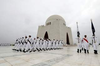 Members of the Pakistan's Naval force march during a ceremony to celebrate the country's 71st Independence Day at the mausoleum of Muhammad Ali Jinnah in Karachi, Pakistan August 14, 2018. REUTERS/Akhtar Soomro