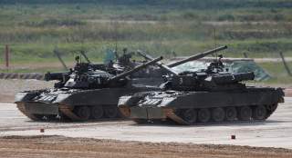 Russian T-80 U tanks perform during the annual international military-technical forum 