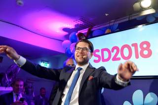 Sweden Democrats party leader Jimmie Akesson speaks on election evening at Kristallen restaurant in central Stockholm, Sweden September 9, 2018. TT News Agency/Anders Wiklund/via REUTERS