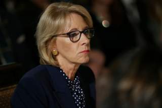 U.S. Education Secretary Betsy DeVos participates in an interagency working group to discuss youth programs hosted by U.S. first lady Melania Trump that line up with Melania Trump's Be Best campaign in the State Dining Room at the White House