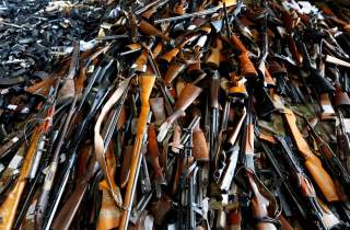 Weapons and drugs are displayed prior to their destruction in a nickel smelting plant near Kavadarci, North Macedonia July 9, 2019. REUTERS/Ognen Teofilovski TPX IMAGES OF THE DAY