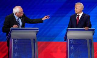 Senator Bernie Sanders gestures towards former Vice President Joe Biden (R) as he speaks during the 2020 Democratic U.S. presidential debate in Houston, Texas, U.S. September 12, 2019. REUTERS/Mike Blake