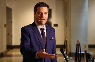 U.S. Rep. Matt Gaetz (R-FL) speaks to reporters outside the House Intelligence Committee SCIF as U.S. foreign service officer Catherine Croft, who once served as a deputy to then-Special Envoy for Ukraine Kurt Volker, testifies inside