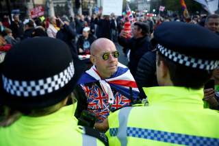 A pro-Brexit supporter is seen during a protest in Westminster, London, Britain October 31, 2019. REUTERS/Henry Nicholls