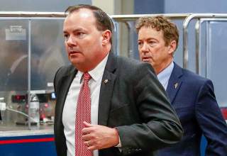 U.S. Senators' Mike Lee (R-UT) and Rand Paul (R-KY) depart via the Senate Subway following a classified national security briefing of the U.S. Senate on developments with Iran after attacks by Iran on U.S. forces in Iraq, at the U.S. Capitol in Washington