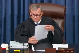 Chief Justice of the United States John Roberts presides during opening arguments in the U.S. Senate impeachment trial of U.S. President Donald Trump in this frame grab from video shot in the U.S. Senate Chamber at the U.S. Capitol in Washington, U.S.