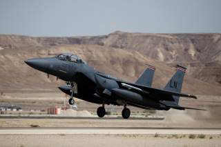 A U.S. F-15 fighter jet takes off during an exercise dubbed 