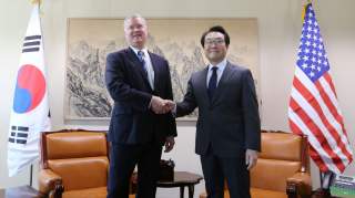 U.S. special representative for North Korea Stephen Biegun shakes hands with South Korea's Special Representative for Korean Peninsula Peace and Security Affairs Lee Do-hoon during a meeting to discuss North Korea nuclear issues at the Foreign Ministry in