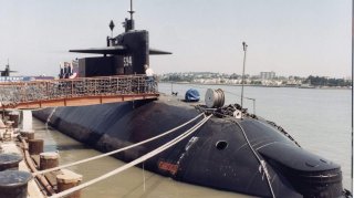 The Thresher/Permit-class submarine USS Permit (SSN-594) is shown at Mare Island Naval Shipyard on the date of her decommission on 22 Jul 91. U.S. Navy.