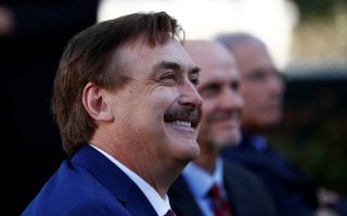 My Pillow CEO Michael Lindell waits to be introduced by President Trump during the daily coronavirus response briefing at the White House