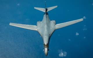 A U.S. Air Force B-1B Lancer assigned to the 37th Expeditionary Bomb Squadron, deployed from Ellsworth Air Force Base, S.D. to Andersen AFB, Guam, flies a training mission over the Pacific Ocean Aug. 16, 2017.