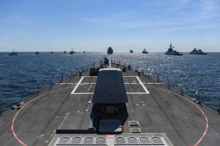 The guided-missile destroyer USS Bainbridge (DDG 96) participates in a photo exercise during exercise Baltic Operations (BALTOPS) in the Baltic Sea, June 9, 2018.