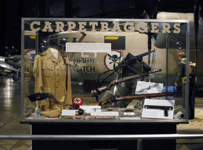 Operation CARPETBAGGER exhibit in the World War II Gallery at the National Museum of the U.S. Air Force. The CARPETBAGGERS dropped all types of supplies to the resistance forces in Europe: radios, batteries for radios, weapons, ammunition, first aid suppl