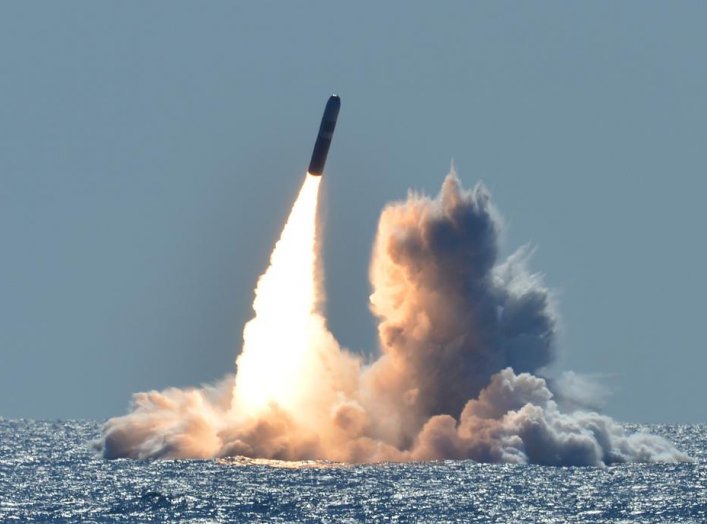 An unarmed Trident II D5 missile launches from the Ohio-class ballistic missile submarine USS Nebraska (SSBN 739) off the coast of California. March 26, 2018. U.S. Navy/Mass Communication Specialist 1st Class Ronald Gutridge