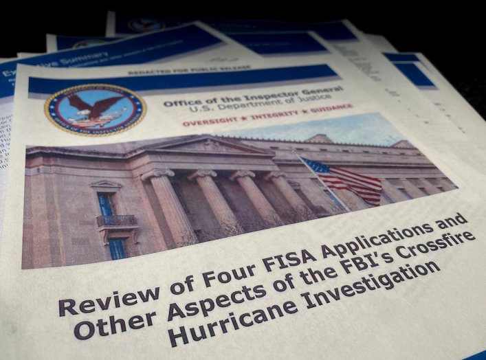 The U.S. Justice Department's Inspector General Michael Horowitz's report entitled "Review of Four FISA Applications and Other Aspects of the FBI's Crossfire Hurricane Investigation" about the origins of the FBI's investigation into contacts between Donal