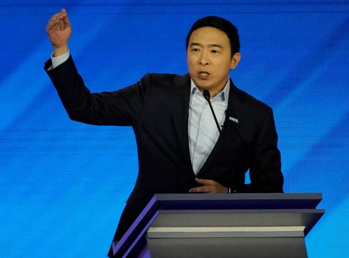 Entrepreneur Andrew Yang speaks during the eighth Democratic 2020 presidential debate at Saint Anselm College in Manchester, New Hampshire, U.S., February 7, 2020. REUTERS/Brian Snyder