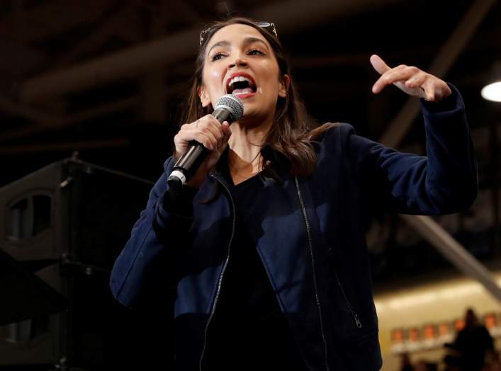 U.S. Representative Alexandria Ocasio Cortez (D-NY) speaks to introduce Democratic U.S. presidential candidate Senator Bernie Sanders at a campaign rally and concert at the University of New Hampshire one day before the New Hampshire presidential primary