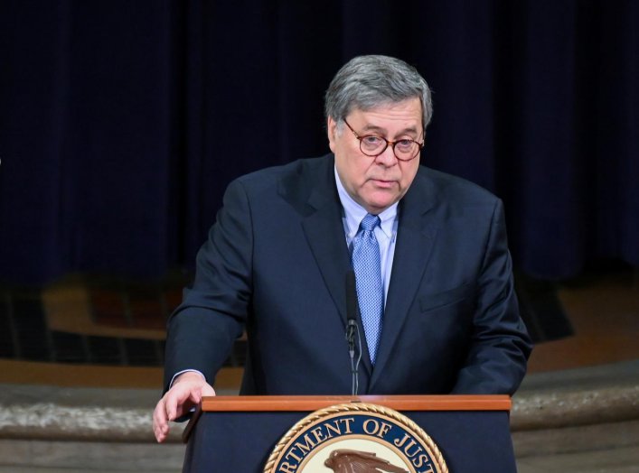 U.S. Attorney General William Barr delivers remarks at the U.S. Department of Justice National Opioid Summit in Washington, U.S., March 6, 2020. REUTERS/Erin Scott
