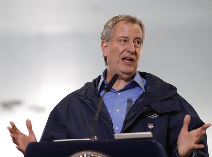 New York City Mayor Bill de Blasio speaks at an indoor training center at the USTA Billie Jean King United States Tennis Center which will be partially converted into temporary hospital during the outbreak of the coronavirus disease (COVID-19) in the Quee