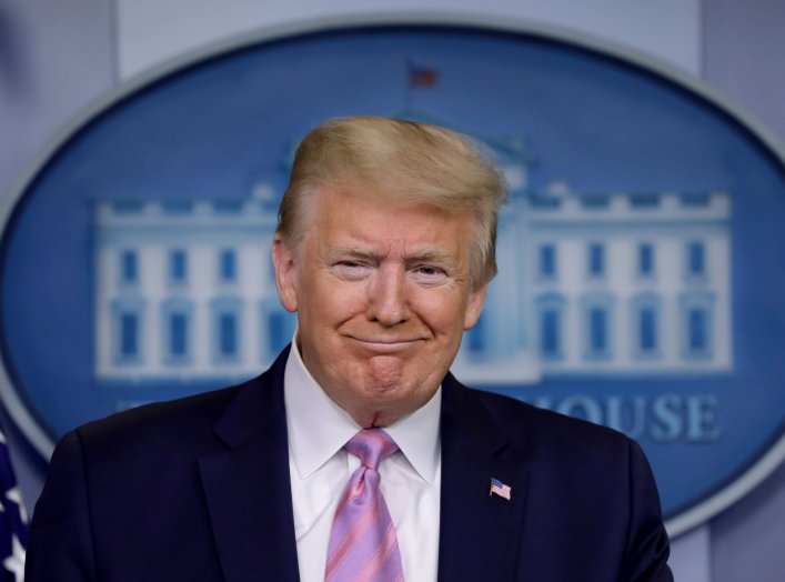 U.S. President Donald Trump reacts during the coronavirus response daily briefing at the White House in Washington, U.S., April 10, 2020. REUTERS/Yuri Gripas.