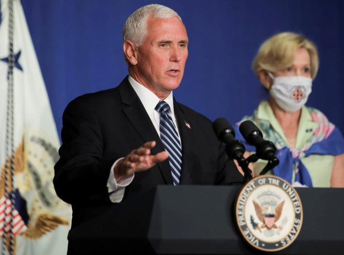 U.S. Vice President Mike Pence leads a White House coronavirus disease (COVID-19) task force briefing with Dr. Deborah Birx, the White House coronavirus response coordinator, at the U.S. Education Department in Washington, U.S., July 8, 2020. REUTERS/Carl