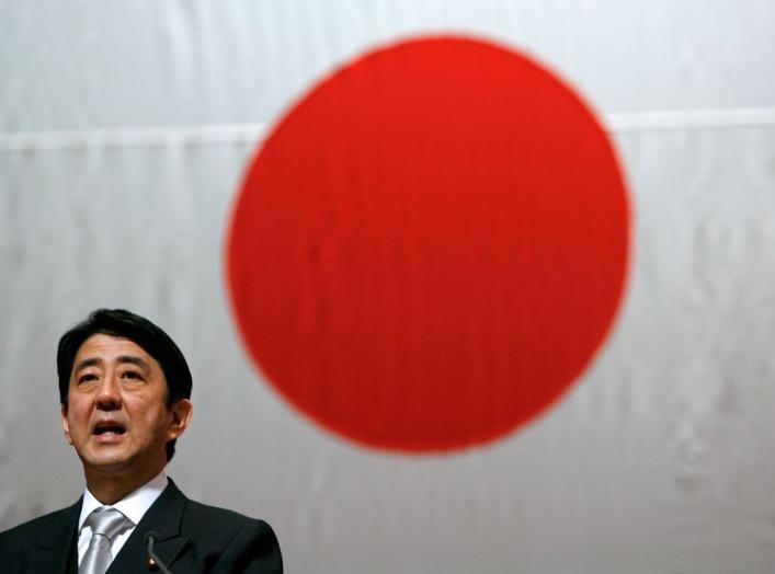 Japan's Prime Minister Shinzo Abe addresses cadets during a graduation ceremony at the National Defense Academy of Japan in Yokosuka, south of Tokyo, March 18, 2007. REUTERS/Kiyoshi Ota (JAPAN)