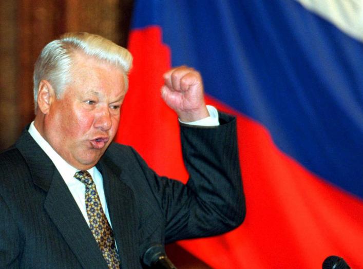 Russian President Boris Yeltsin gestures as he speaks in Moscow in this September 1995 file photo. Yeltsin has died, a spokeswoman for the Kremlin said on April 23, 2007. REUTERS/Stringer (RUSSIA)