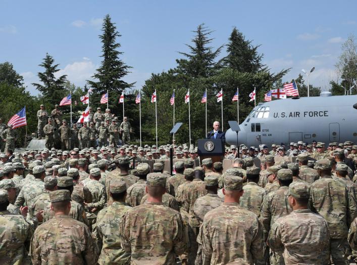 U.S. Vice President Mike Pence delivers a speech during a meeting with U.S. troops taking part in NATO led joint military exercises Noble Partner 2017 at the Vaziani military base near Tbilisi, Georgia August 1, 2017. REUTERS/Irakli Gedenidze