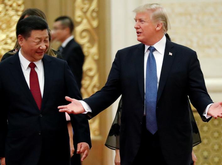 U.S. President Donald Trump and China's President Xi Jinping arrive for a state dinner at the Great Hall of the People in Beijing, China, November 9, 2017. REUTERS/Jonathan Ernst