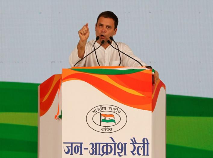 Rahul Gandhi, President of India's main opposition Congress party, addresses his supporters during a rally described as Jan Aakrosh or public anger at Ramlila ground in New Delhi, India, April 29, 2018. REUTERS/Altaf Hussain