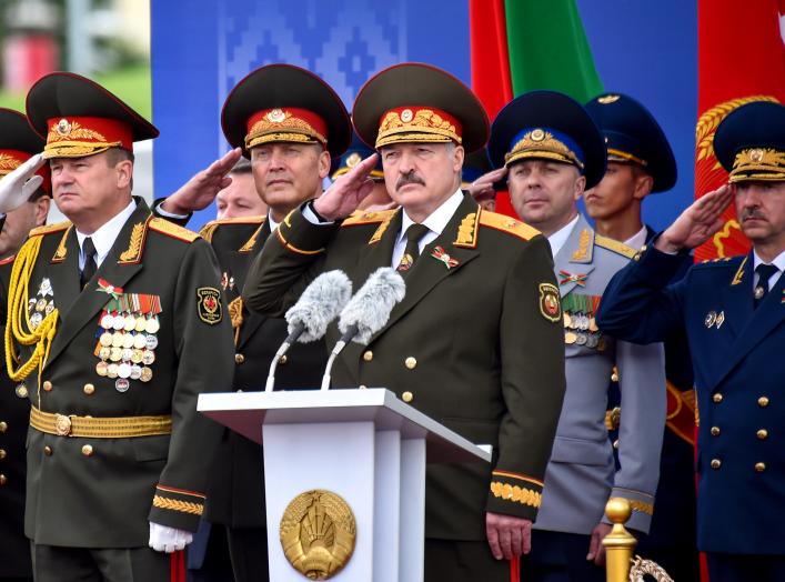 Belarussian President Alexander Lukashenko salutes during a military parade marking the Independence Day in Minsk, Belarus July 3, 2018. Sergei Gapon/Pool via REUTERS