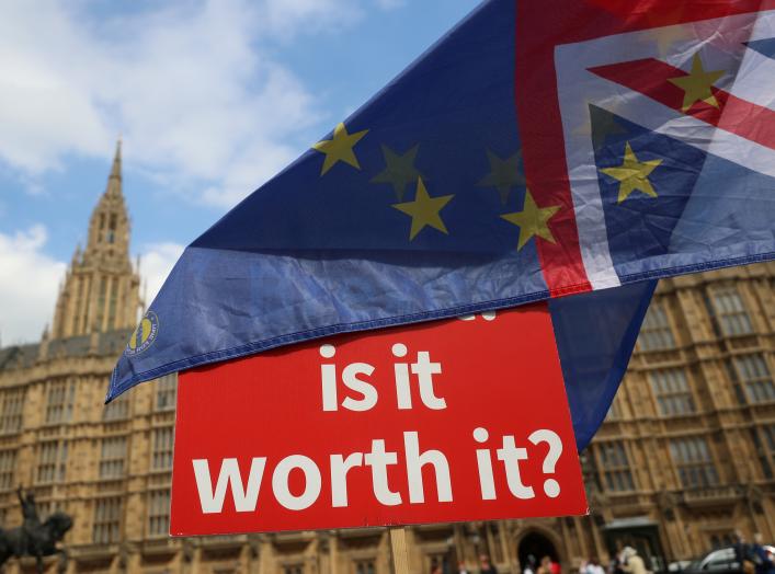 Pro-EU supporters wave flags outside the Houses of Parliament in Westminster, London, Britain, July 4, 2018.REUTERS/Simon Dawson