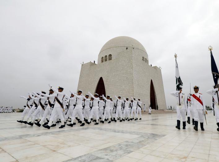 Members of the Pakistan's Naval force march during a ceremony to celebrate the country's 71st Independence Day at the mausoleum of Muhammad Ali Jinnah in Karachi, Pakistan August 14, 2018. REUTERS/Akhtar Soomro