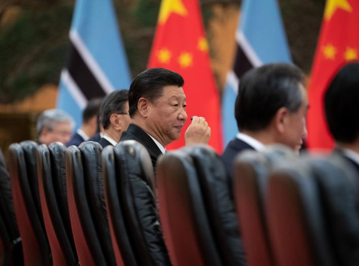 China's President Xi Jinping (C) attends the bilateral meeting with President of Botswana Mokgweetsi Masisi (not pictured) at the Great Hall of the People in Beijing, China, 31 August 2018. Roman Pilipey/Pool via Reuters