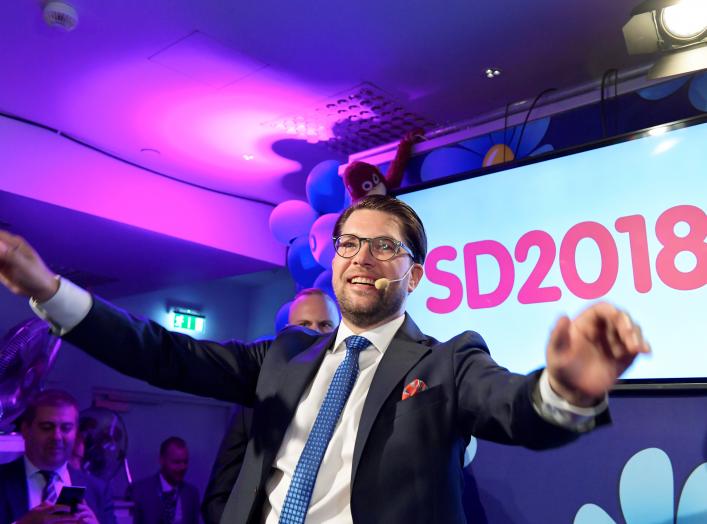 Sweden Democrats party leader Jimmie Akesson speaks on election evening at Kristallen restaurant in central Stockholm, Sweden September 9, 2018. TT News Agency/Anders Wiklund/via REUTERS