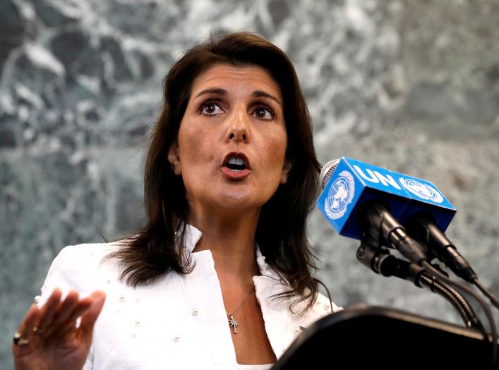 U.S. Ambassador to the United Nations Nikki Haley speaks at a press briefing at U.N. headquarters in New York City, New York, U.S., July 20, 2018. REUTERS/Brendan McDermid/File Photo