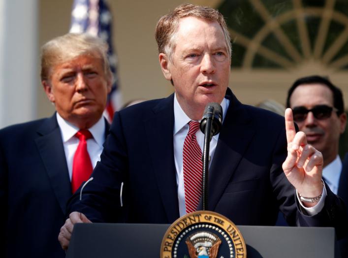 U.S. Trade Representative Robert Lighthizer discusses the United States-Mexico-Canada Agreement (USMCA) as U.S. President Donald Trump and U.S. Treasury Secretary Steven Mnuchin look on during a news conference in the Rose Garden of the White House in Was