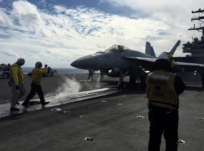 U.S. Navy aircraft carrier USS Ronald Reagan conducts military drills during Keen Sword, a joint field-training exercise involving U.S. military, Japan Maritime Self-Defense Force personnel and Royal Canadian Navy, at sea November 3, 2018.